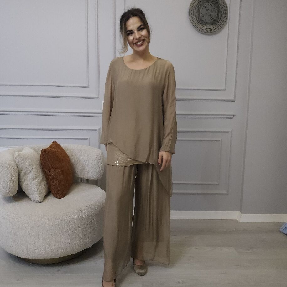 İtalyan Payetli İpek Takım Bej