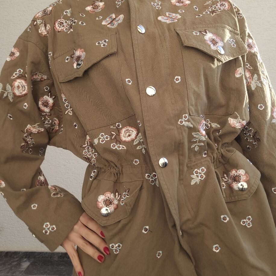 İthal Çiçekli Kot Ceket Yeşil