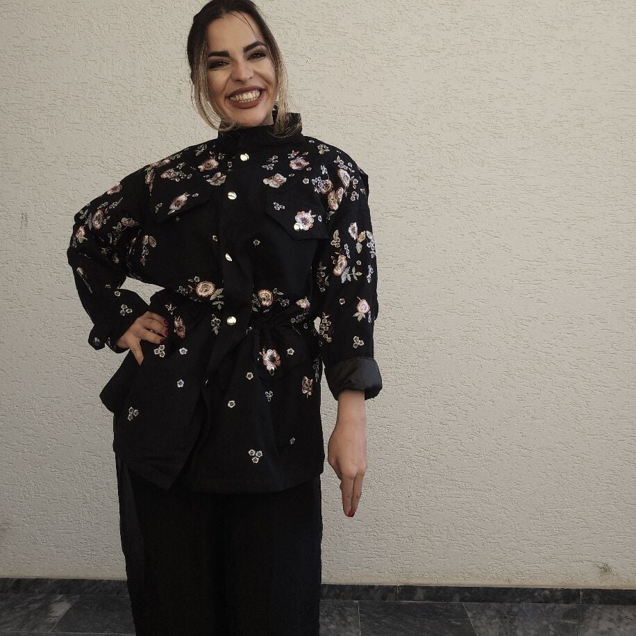 İthal Çiçekli Kot Ceket Siyah
