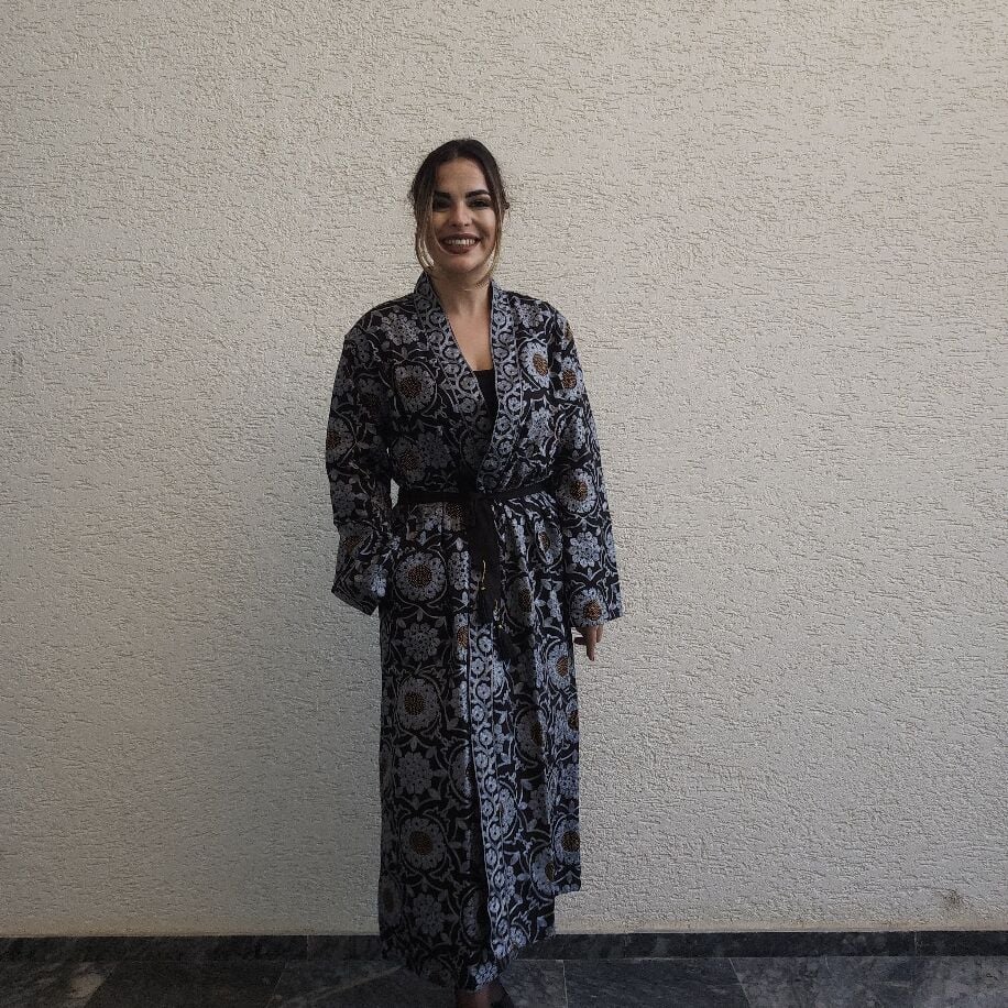 ithal Gri Çiçek Kaftan